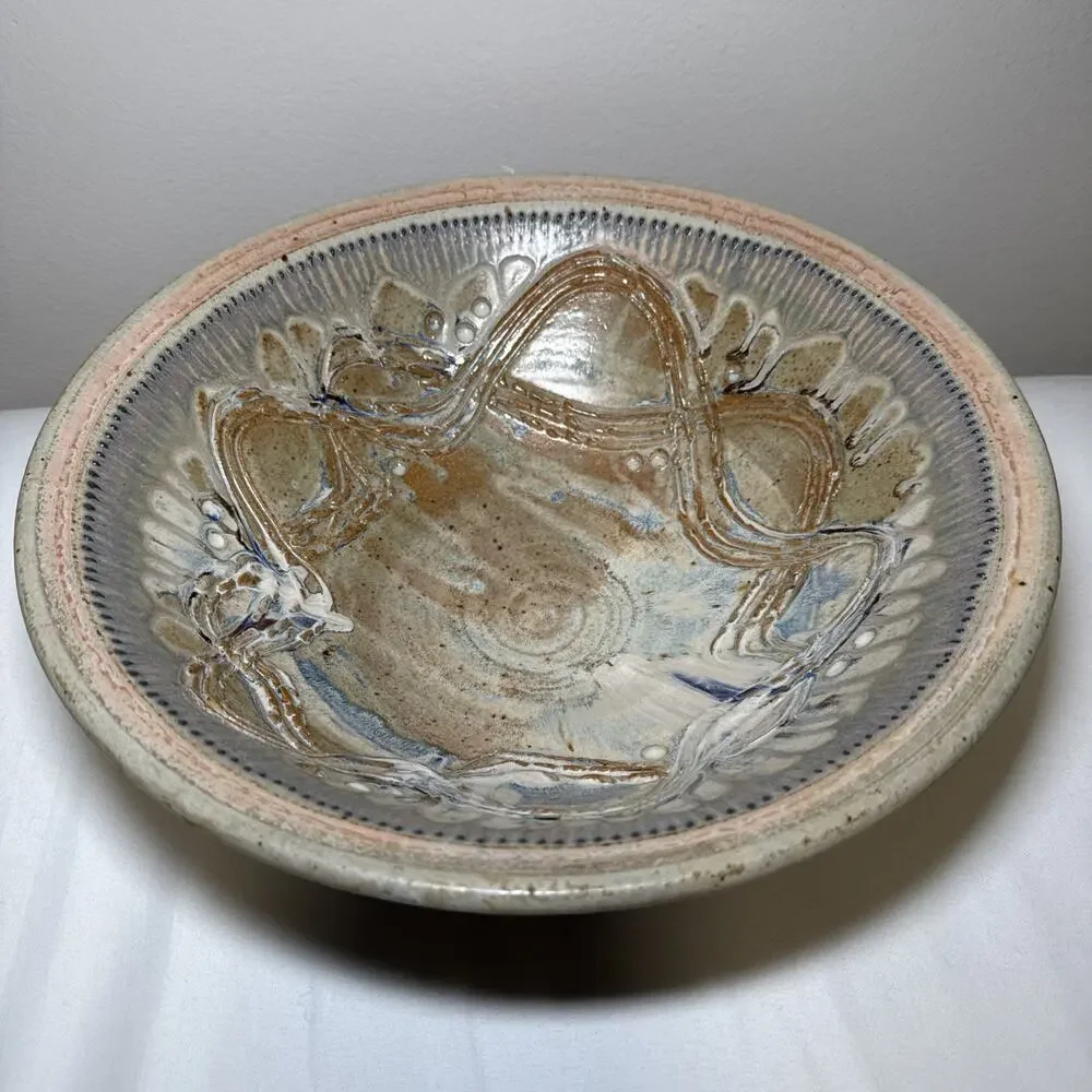 Julie Perry Signed Pottery Large Clay Bowl Tan Blue Glaze Celebrate the Wonder